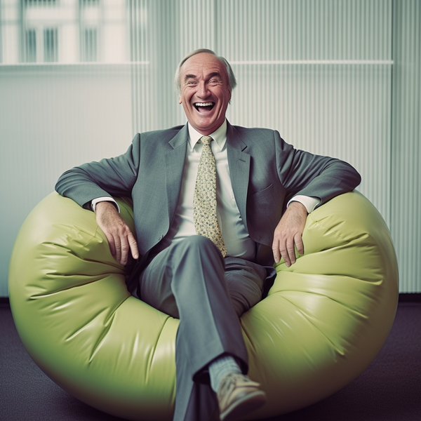 Go to article: mature English businessman sitting on a large green puff laughing