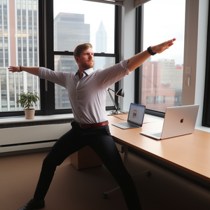 man in a fully stretched pose in an office