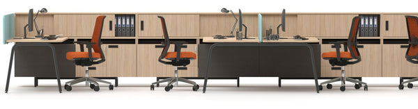 Go to article: black legs bench desk with beech finish with becch storage and orange office chairs, London office