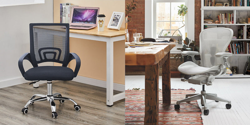 juxtaposition of a budget, tacky office chair on the left and a famous high-end Herman Miller Aeron chair on the right