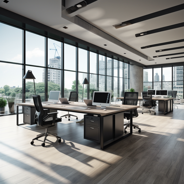 Go to article: modern office furnitshed with contemporary office furniture. Whole left wall is glass with view on trees.