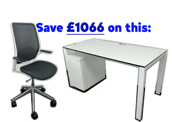 Go to article: image collage with a used office desk and a second hand office chair, with a caption: "save £1066 on this:"
