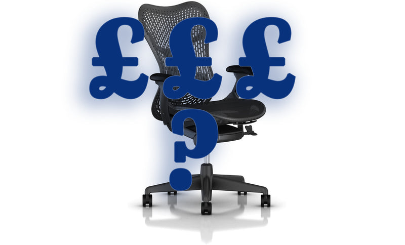 used office chair herman miller aeron on white background and with "£££?" in the foreground