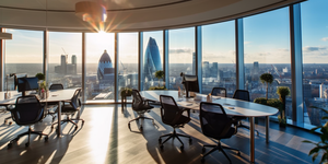 Interior of a moder London office includes used office furniture: eliptical meeting tables and second hand meeting chairs