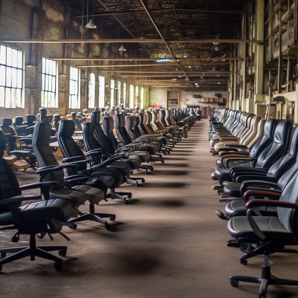 Go to article: inside of our London warehoue, showing our stock of used office chairs