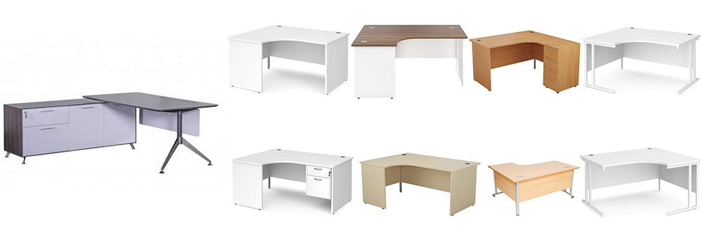 nine photos of curved office desks on white background