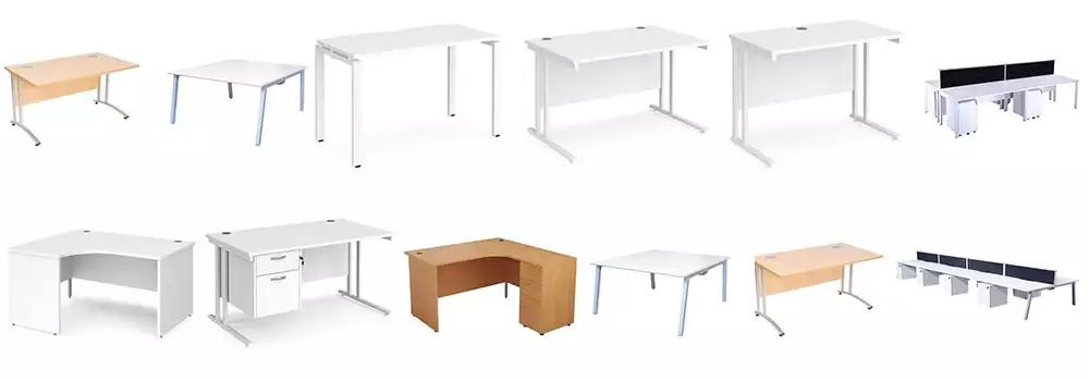 collection of new office desks including bench desks, cantilever desks and curved desks