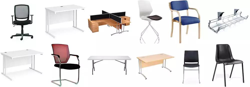 phots of office furniture pieces including office desks, meeting chairs, mesh chairs, a meeting table, an operator office chair and a cable tray