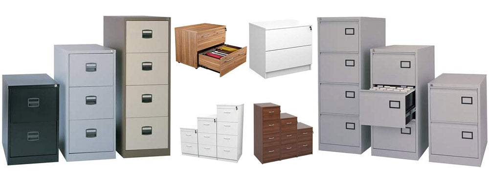 Collection of 14 filing cabinets of various sizes