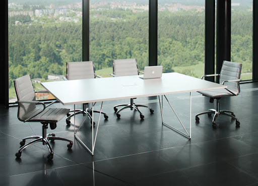 set of office settings with used meeting furniture pieces including metting tebles, meeting chairs.