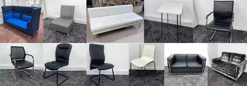 used reception furniture pieces including chairs, sofas, a table and a privacy sofa