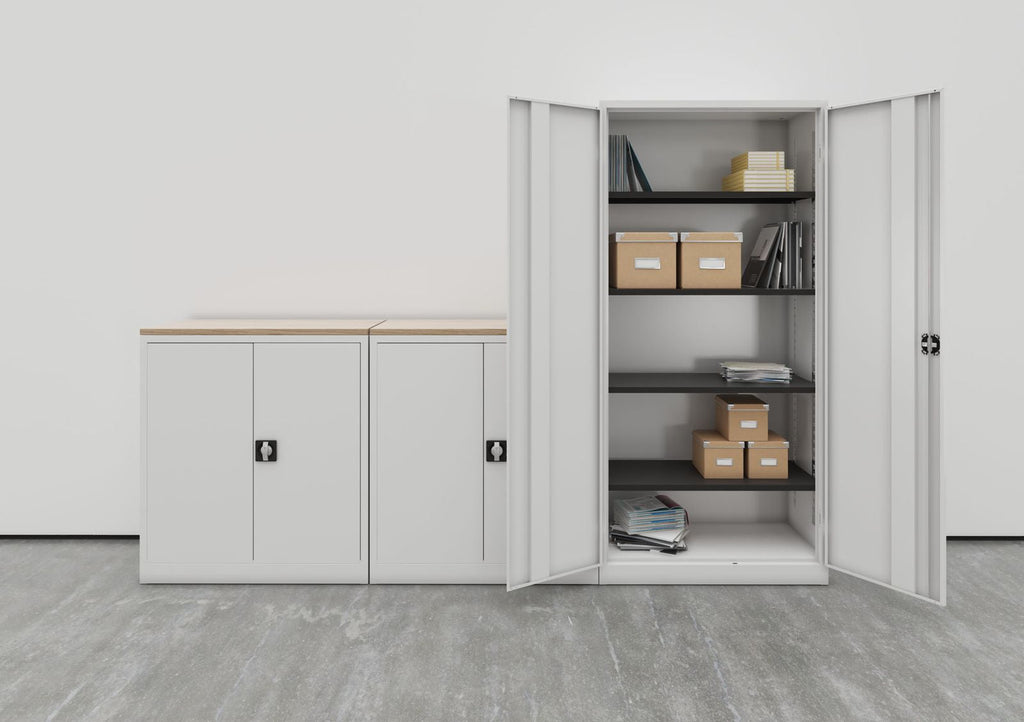 Collection of photos of vaiours office storage furniture. Includes pedestals, filing cabinets, a locker, cupboards and a shelving unit.