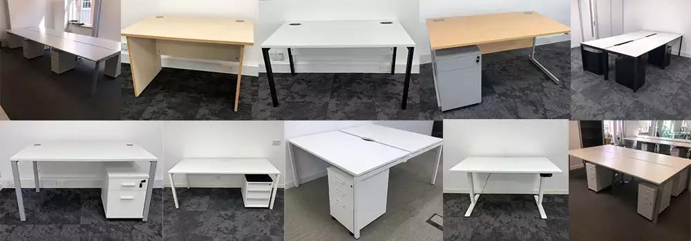 Collage of two rows of used straight office desks in stock at Kings Office Furniture.