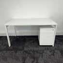 Used White Single Bench Desk with 3 Draw Mobile Pedestal