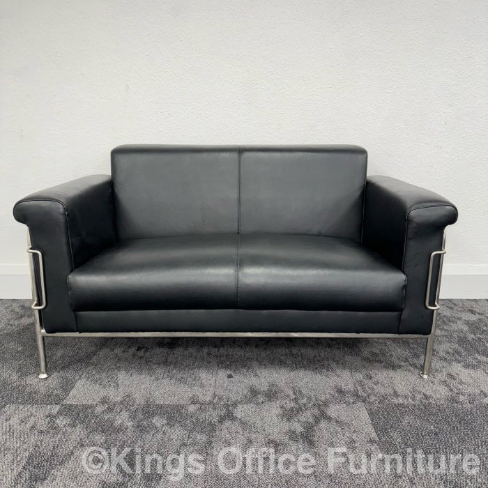 Used Black Leather 2 Seater Modern Sofa
