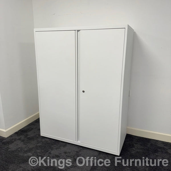Used White Steel Cupboard With 2 Height Adjustable Shelves