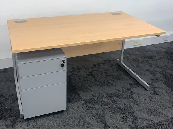 Used 1400mm Beech Desk with 3 Draw Mobile Pedestal