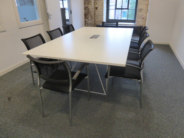 White Boardroom Table + 8 Black Mesh Meeting Chairs