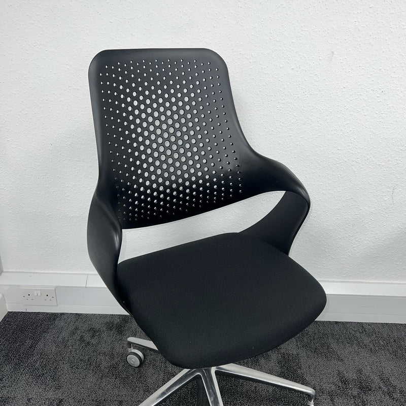 closeup of perforated single ribbon backrest of a used office chair