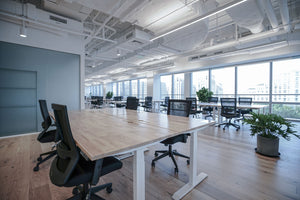 Office space with desks and office chairs but no people or office equipment