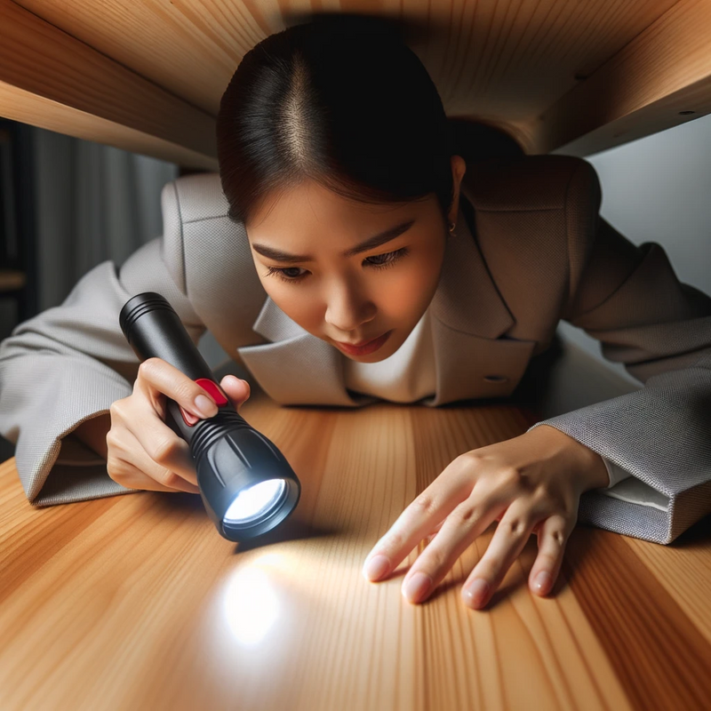 Asian woman closely inspecting surface of wooden desktop with a torch