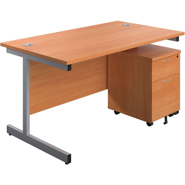 Go to article: beech cantilever desk with underdesk pedestal of two drawers