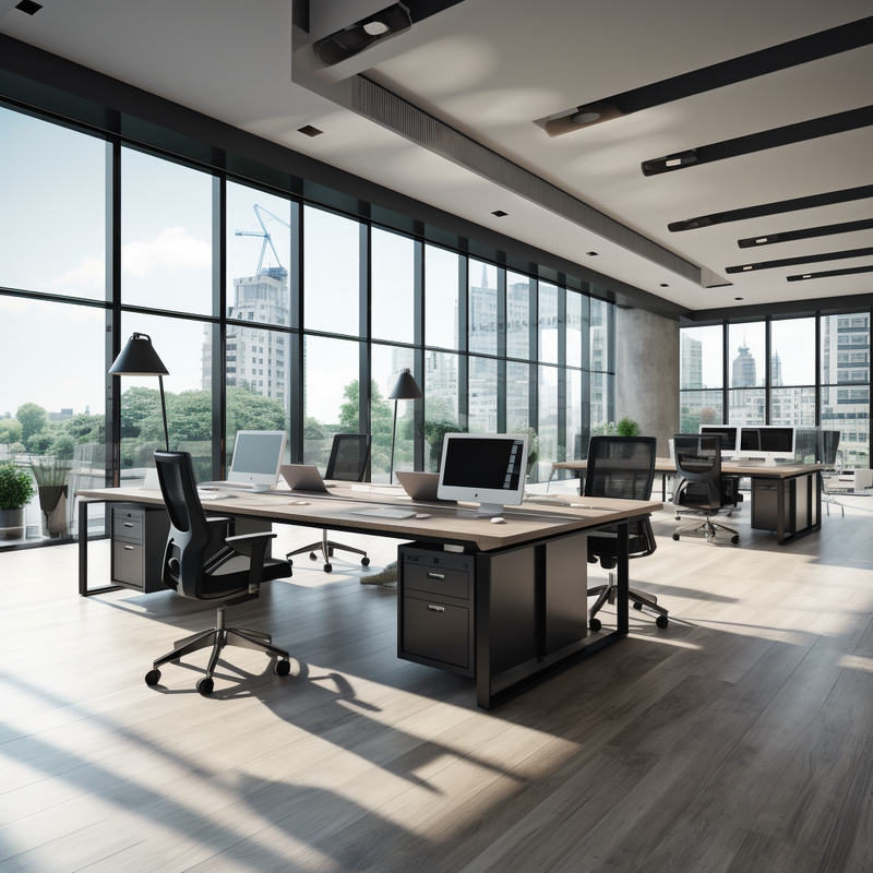 modern office furnitshed with contemporary office furniture. Whole left wall is glass with view on trees.
