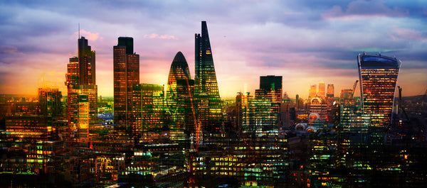 Go to article: Skyline of the city of London including famous buildings such as The Shard, The Walkie Talkie, The Leadenhall Building and more.