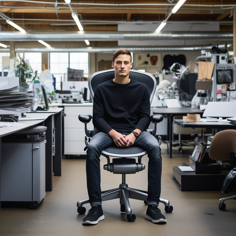 young man sitting on a second hand Herman Miller Aeron size C chair