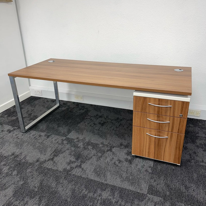 used bench desk with three drawers pedestal, all in walnut finish
