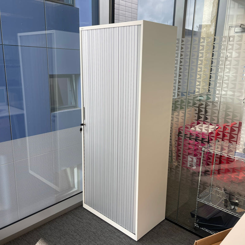 Used Tall White Tambour Unit with Sliding Door