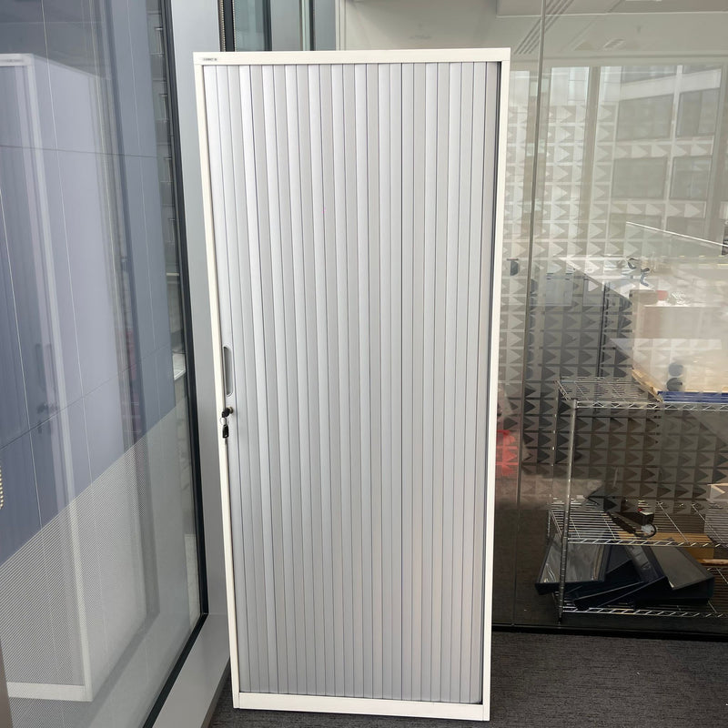 Used Tall White Tambour Unit with Sliding Door