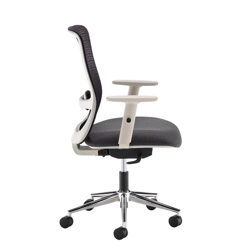 Arcade black mesh back operator chair with grey fabric seat, light grey frame and chrome base