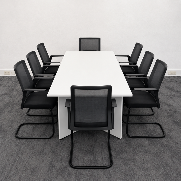 Used White Meeting Table Set with 8 Mesh Chairs