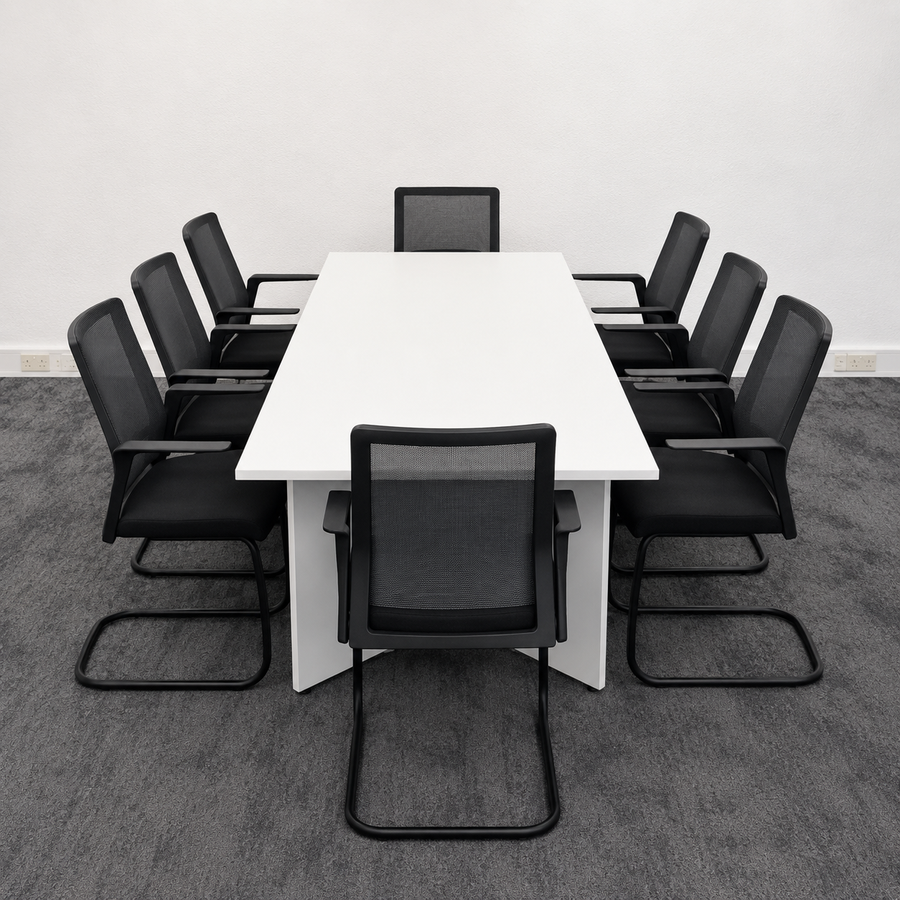 Used White Meeting Table Set with 8 Mesh Chairs