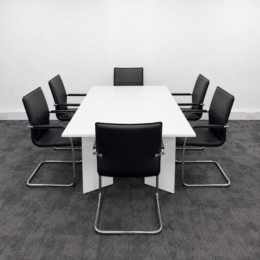 Used White Meeting Table with 6 Faux Leather Meeting Chairs