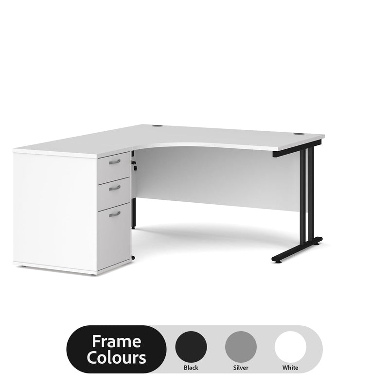 Maestro 25 left hand ergonomic desk with pedestal - White