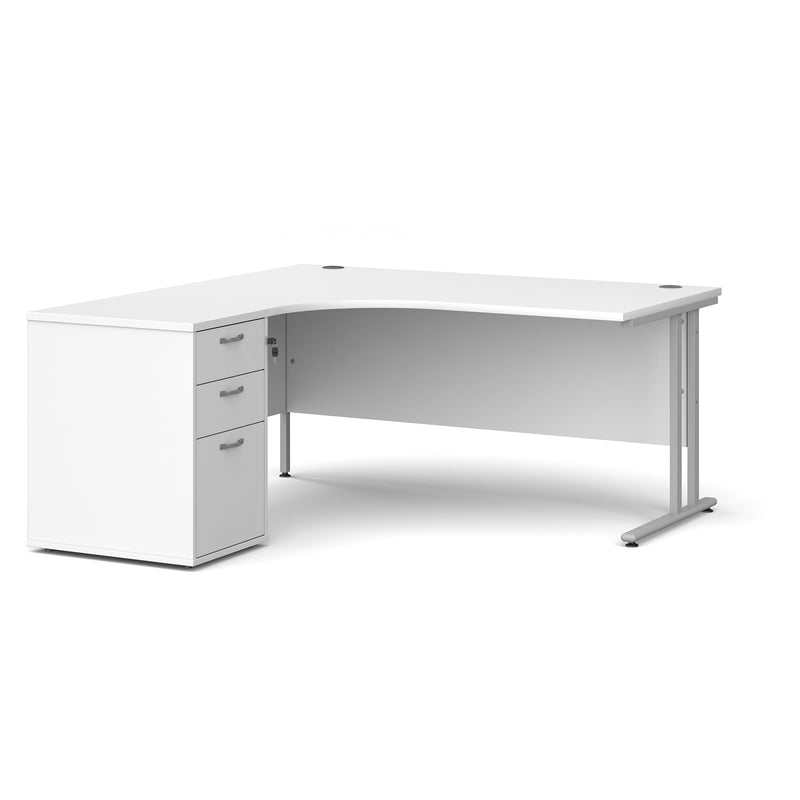 Maestro 25 left hand ergonomic desk with pedestal - White