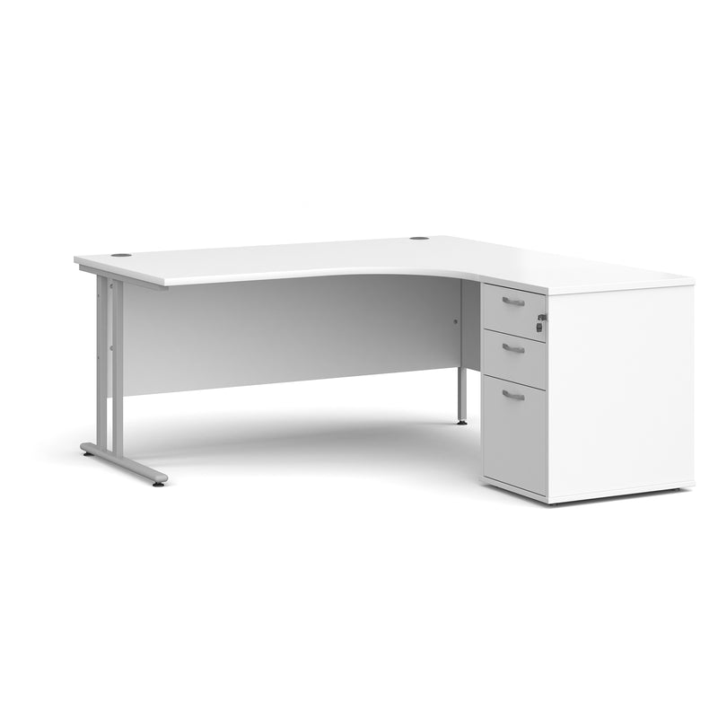 Maestro 25 right hand ergonomic desk with pedestal - White