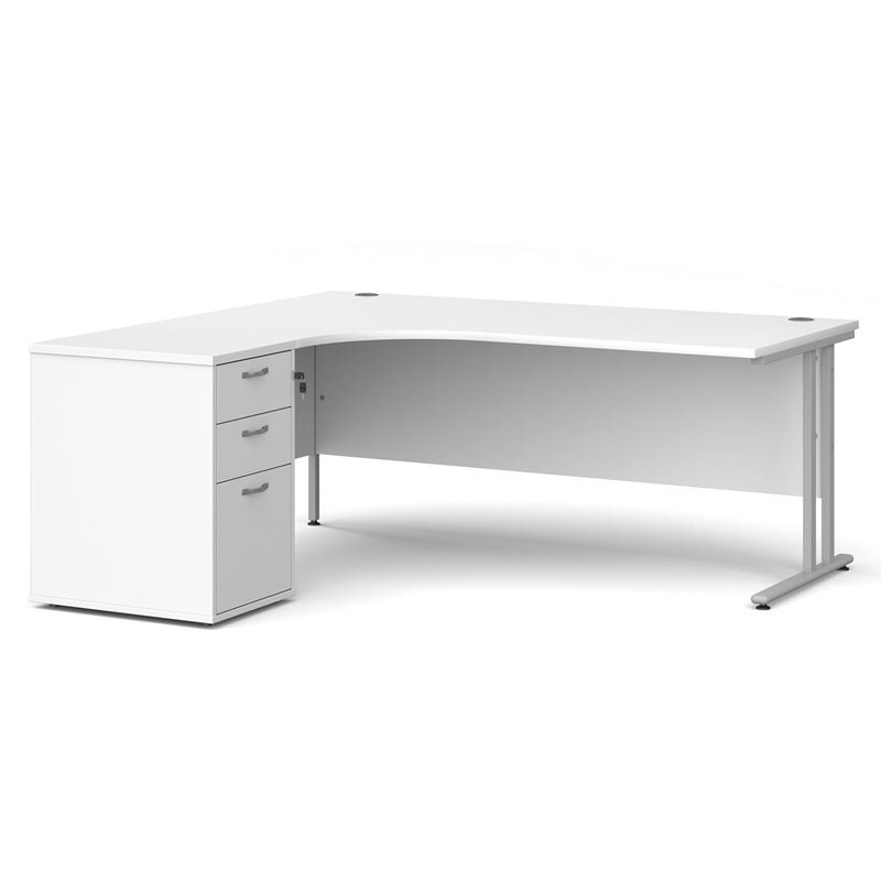 Maestro 25 left hand ergonomic desk with pedestal - White