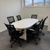 Used White Meeting Table with 6 Black Mesh Chairs