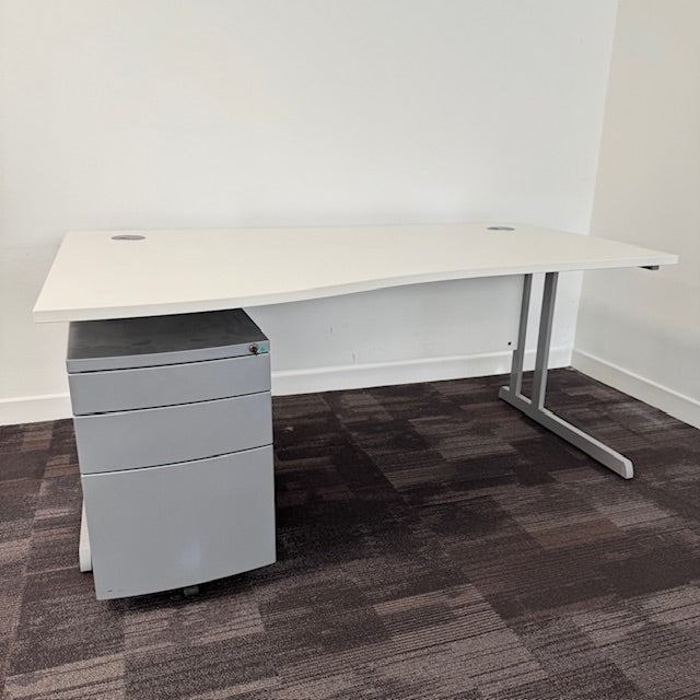 Used White Wave Desk with 3 Draw Mobile Pedestal