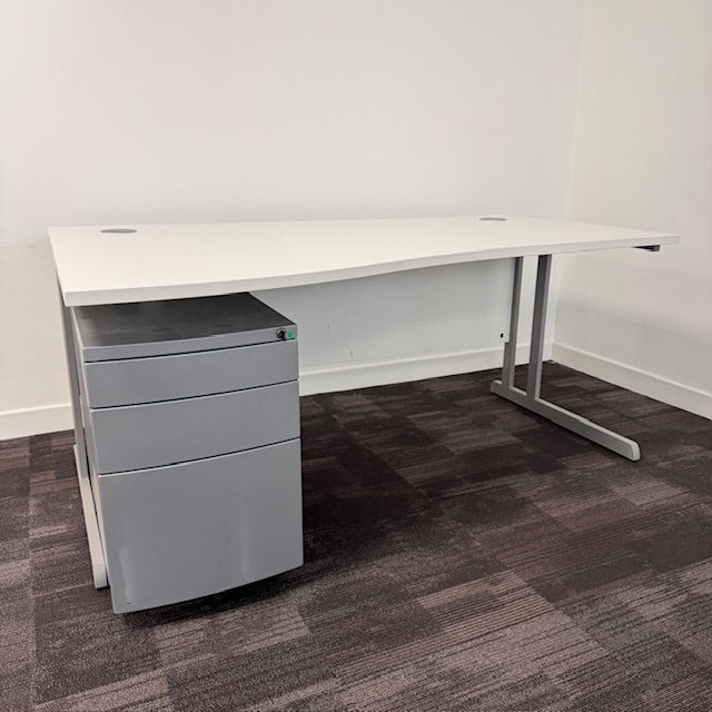 Used White Wave Desk with 3 Draw Mobile Pedestal