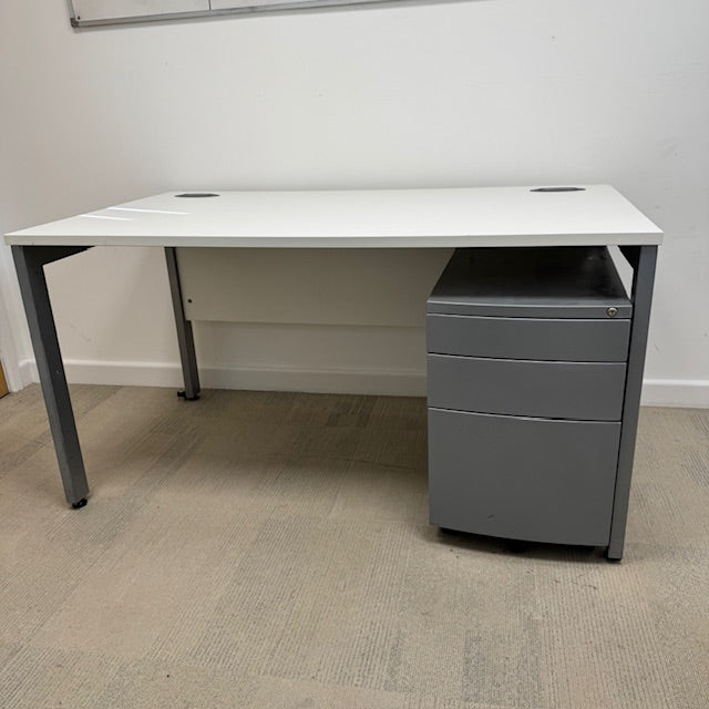 Used White Single Bench Desk with 3 Draw Mobile Pedestal