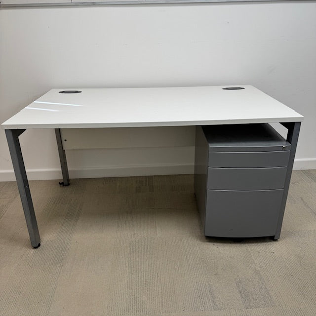 Used White Single Bench Desk with 3 Draw Mobile Pedestal