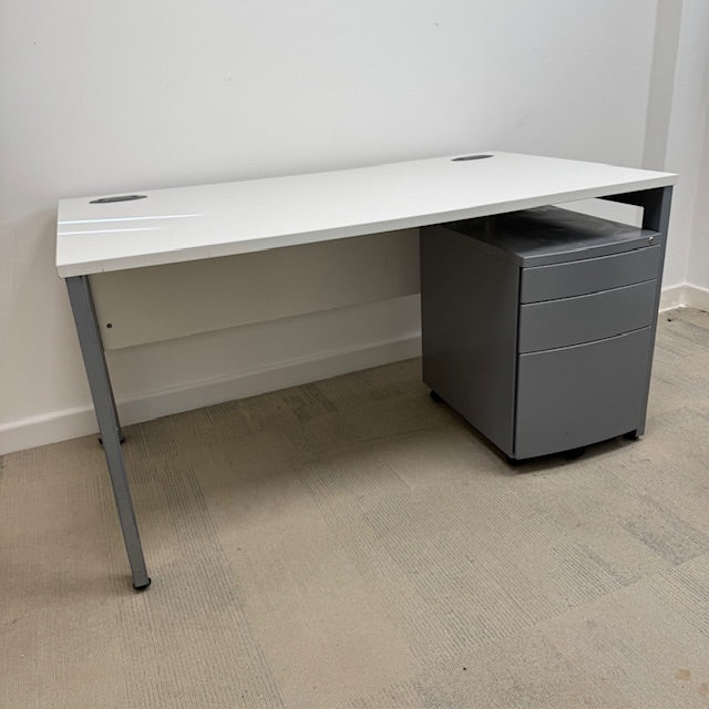 Used White Single Bench Desk with 3 Draw Mobile Pedestal