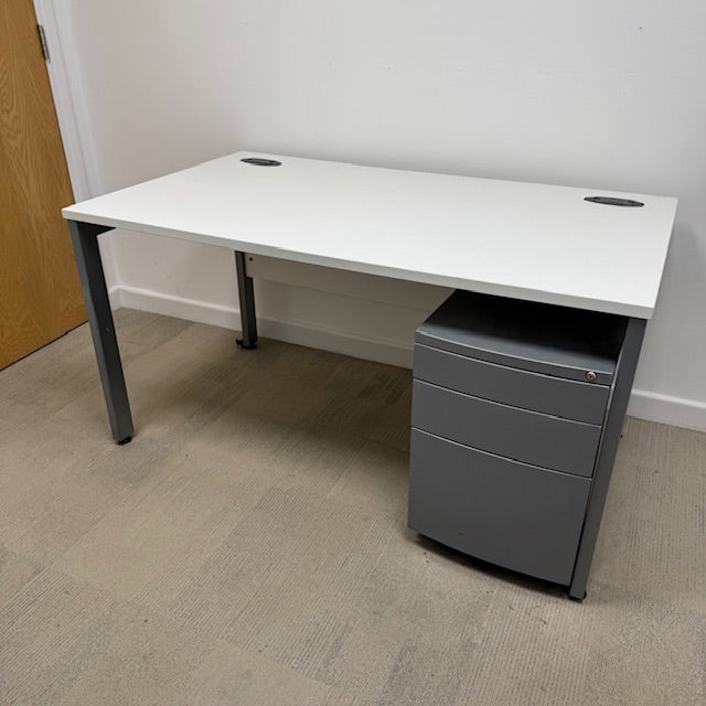 Used White Single Bench Desk with 3 Draw Mobile Pedestal