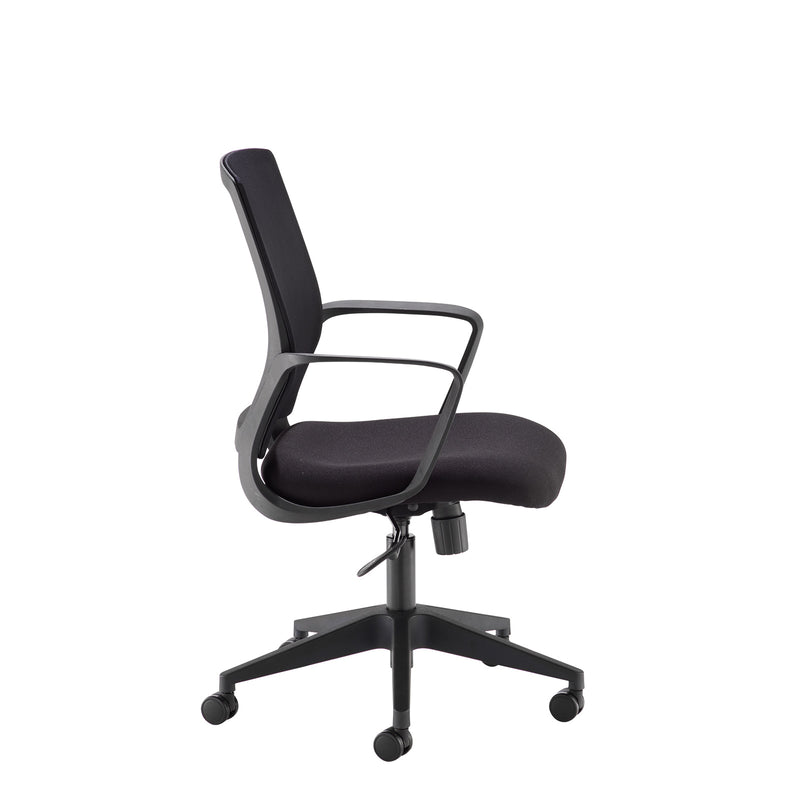 Jonas black mesh back operator chair with black fabric seat and black base