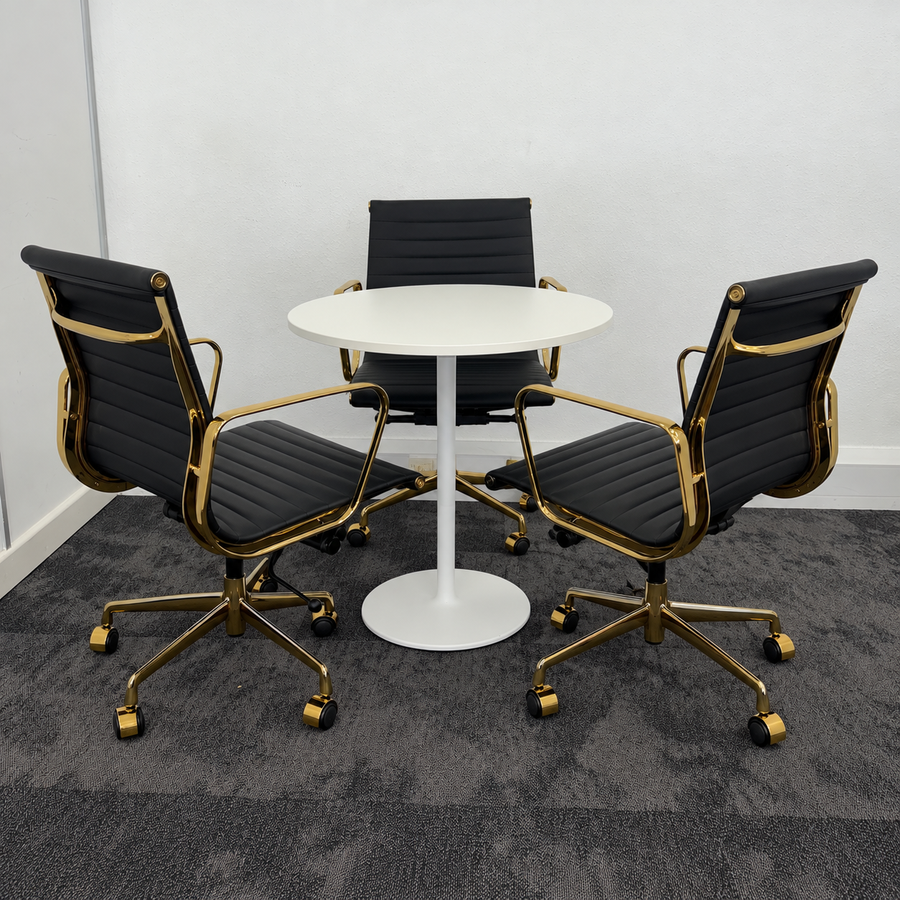 Used White Round Table with 3 x Gold Frame Eames Style Meeting Chair
