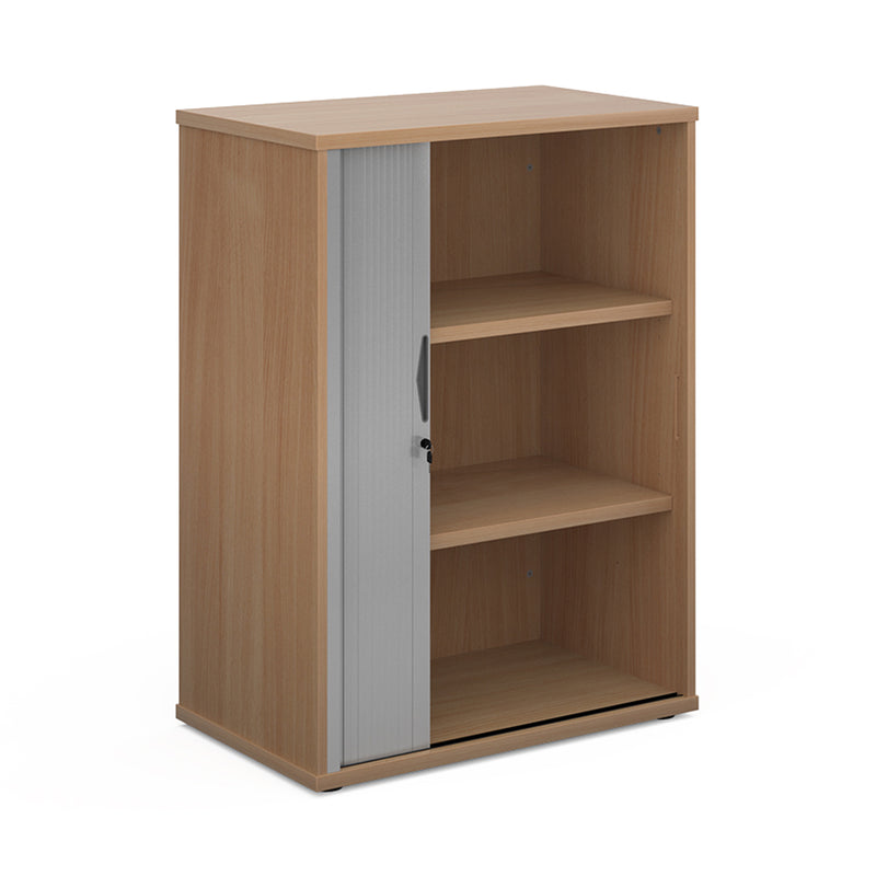 Universal single door tambour cupboard 1090mm high with 2 shelves - Beech with silver door